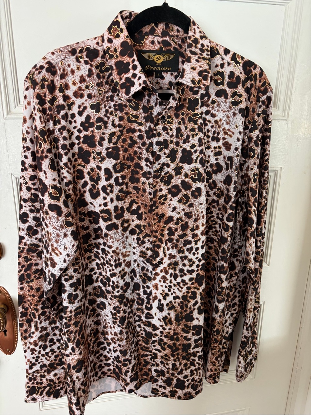 Premier Men's Long-Sleeve Leopard Print Button-Down Shirt — Brown and Black